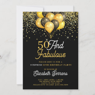 50 Fabulous Surprise Birthday Gold Black Glitter  Invitation