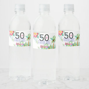 50 & Fabulous Tropical Floral Name 50th Birthday Water Bottle Label
