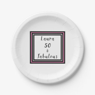 50 & Fabulous Typography Pink Black Paper Plate