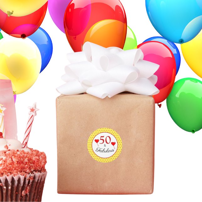 50 & Fabulous Typography Red 50th Birthday Yellow Classic Round Sticker (Creator Uploaded)