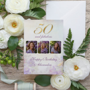 50 & Fabulous Vintage Purple Gold Floral Birthday Card