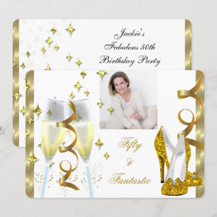 50 & Fantastic Elegant Champagne Heels Gold Photo Invitation