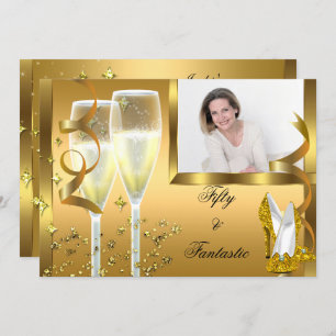 50 & Fantastic Elegant Champagne Heels Gold Photo Invitation