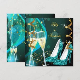 50 & Fantastic Fabulous Gold Teal Glitter Shoes Invitation