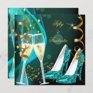 50 & Fantastic Fabulous Gold Teal Glitter Shoes Invitation