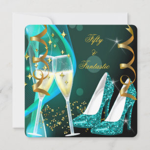 50 & Fantastic Fabulous Gold Teal High Heels Invitation
