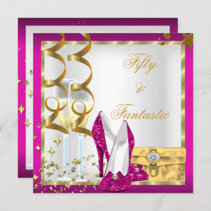 50 & Fantastic Hot Pink White Gold Birthday Party Invitation
