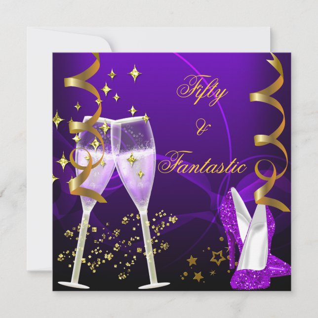 50 & Fantastic Purple Gold Champagne Shoes Invitation (Front)