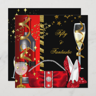50 & Fantastic Red Black Gold Birthday Party Invitation