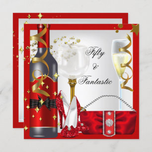 50 & Fantastic Red White Gold Birthday Party Invitation