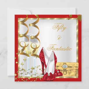 50 & Fantastic Red White Gold Birthday Party Invitation