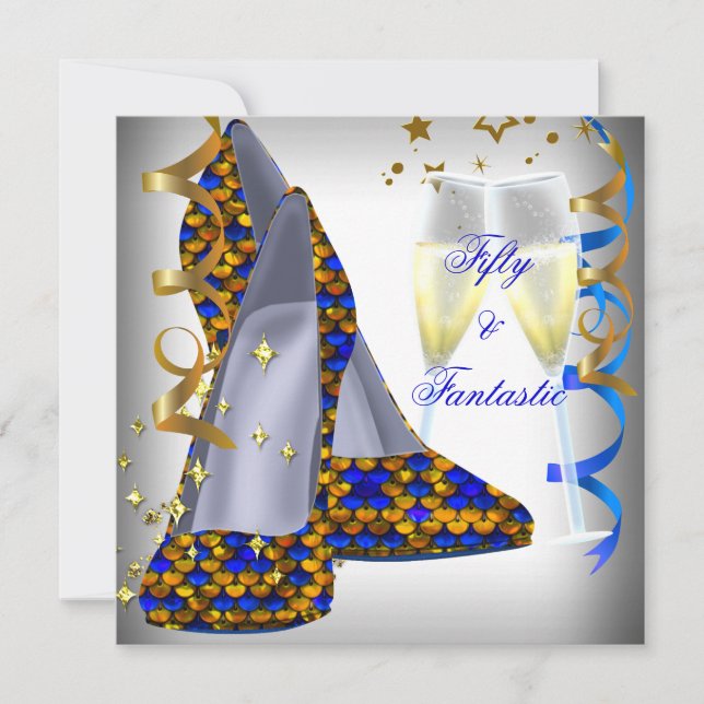 50 & Fantastic White Shoes Blue Sequins Birthday Invitation (Front)