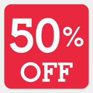 50% Fifty Percent OFF discount sale white and red Square Sticker