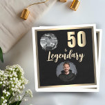 50 & Legendary 2 Photos 50th Birthday Gold Napkin<br><div class="desc">50 & Legendary 2 Photos 50th Birthday Gold Metallic Napkins for Him with 2 Photos. Celebrate his milestone in bold style with this “50 & Legendary” 50th birthday party napkins. Designed with a strong masculine look in gold metallic effects (printed, not real foil) on a black background, these napkins is...</div>