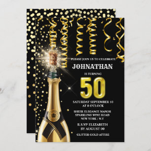 50 milestone sparkling wine gold black glitter invitation
