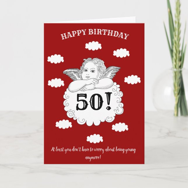 50 Not Young Red Cheeky Cherub funny 50th Birthday Card (Front)