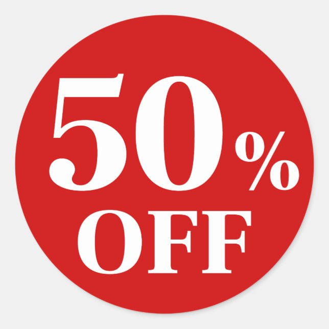 50% OFF Red Background Classic Round Sticker (Front)