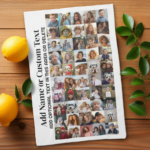 50 Photo Collage - Custom Text - Black and White Tea Towel