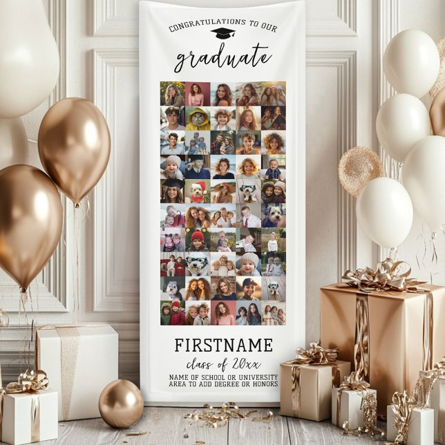 50 Photo Collage Graduation Modern Minimal White Banner (Custom Graduation Banner - Great for a backdrop or Grad Party Decoration)