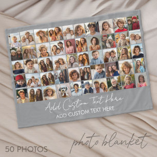 50 Photo Collage Grid - Script Text - grey Fleece Blanket