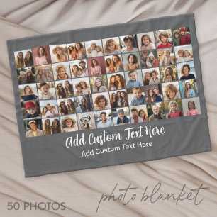 50 Photo Collage Grid - Script Text - grey Fleece Blanket