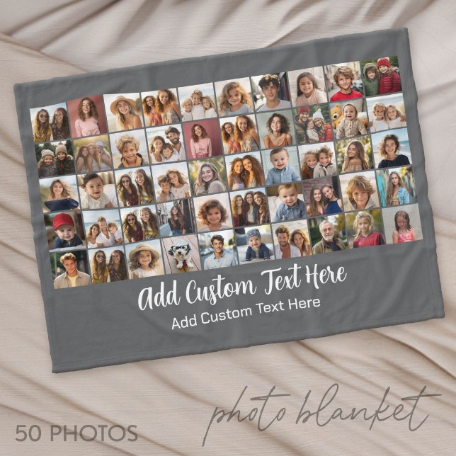 50 Photo Collage Grid - Script Text - grey Fleece Blanket (Photo Blanket - Custom Pictures in a Collage)