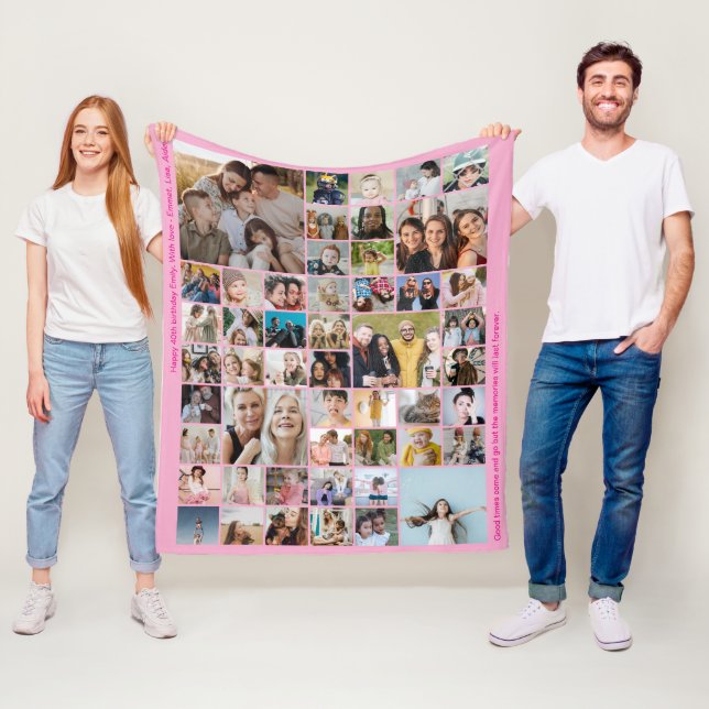 50 Picture Photo Collage Custom Color Pink Fleece Blanket (In Situ)