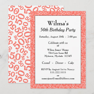 50 Random Number Pattern Coral/White 50th Invitation