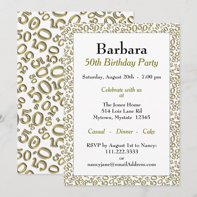 50 Random Number Pattern Gold/White 50th Invitation (Front/Back)