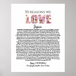 50 reasons we love you birthday gift mom sister poster