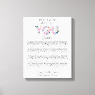 50 reasons why we love you pink blue floral canvas print