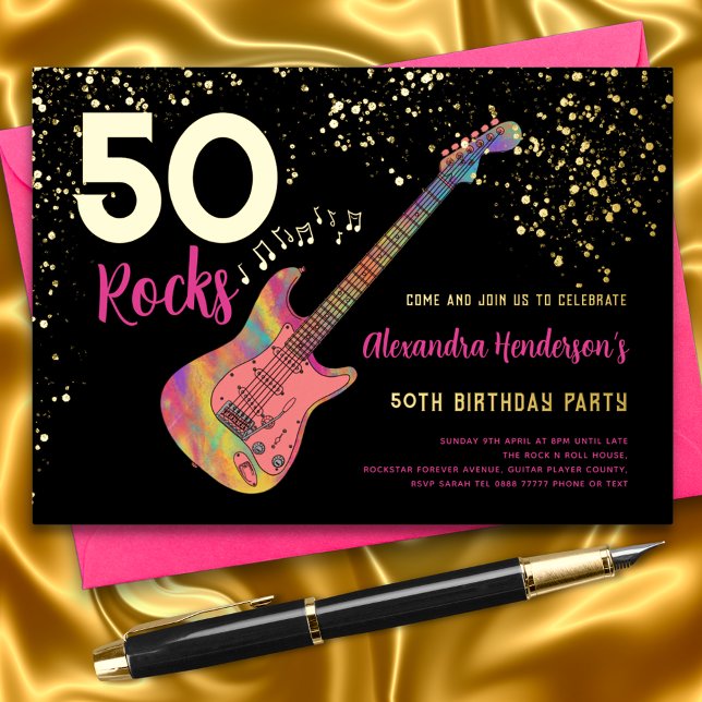 50 Rocks 50th Birthday Party Pink Black Gold (50 rock pink black and gold foil 50th birthday party invitation with colorful guitars music theme )