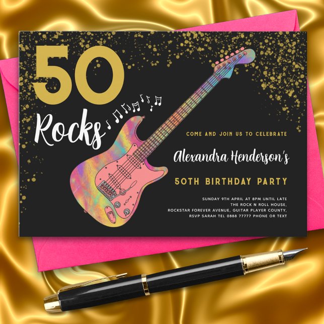 50 Rocks 50th Birthday Party Pink Black Gold Invitation (50 Rocks pink black and gold glitter 50th birthday party invitation modern funky colorful guitar)