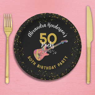 50 Rocks 50th Birthday Party Pink Black Gold Paper Plate