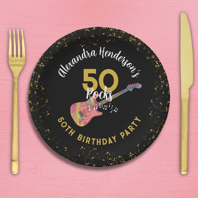 50 Rocks 50th Birthday Party Pink Black Gold Paper Plate (50 Rocks 50th birthday party pink black and gold glitter personalized paper plates)