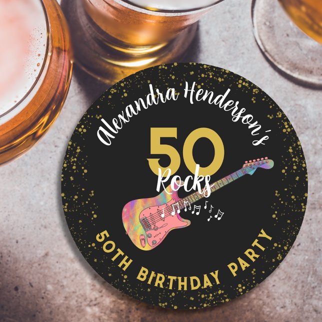 50 Rocks 50th Birthday Party Pink Black Gold Round Paper Coaster (50 Rocks cool pink black and gold custom 50th birthday party paper coaster )