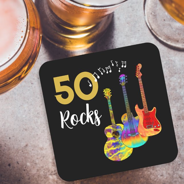 50 Rocks 50th Birthday Party Square Paper Coaster (Rock and roll 50th birthday party paper coasters cool funky guitars black and gold 50 rocks for him)