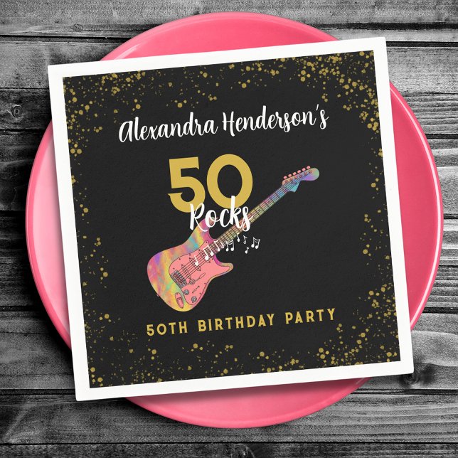 50 Rocks Birthday Party Pink Black Gold Napkin (50 rocks pink black and gold glitter 50th birthday party personalized napkins)