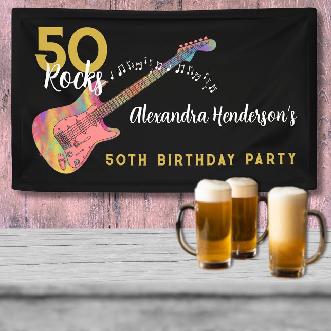 50 Rocks Birthday Party Pink Guitar Black and Gold Banner (50 Rocks cool pink guitar gold and black custom 50th birthday party banner)