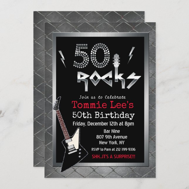 50 Rocks Rockstar Guitar 50th Birthday Invitation (Front/Back)