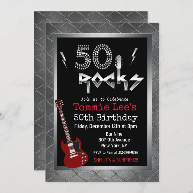 50 Rocks Rockstar Guitar 50th Birthday Invitation (Front/Back)