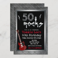 50 Rocks Rockstar Guitar 50th Birthday Invitation