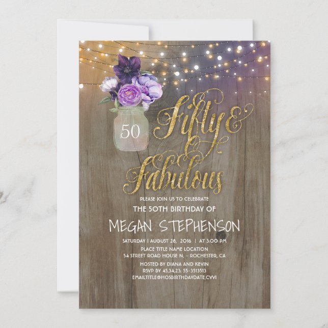 50 Rustic Birthday - Purple Flowers Mason Jar Gold Invitation (Front)