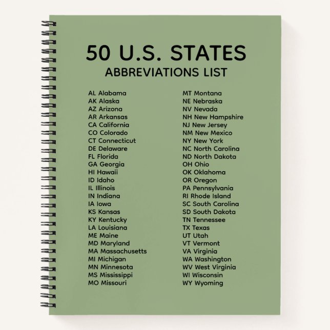 50 States Abbreviations List – Sage Green Lined Notebook (Front)