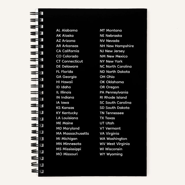 50 States Alphabetical Order Black Notebook (Front)