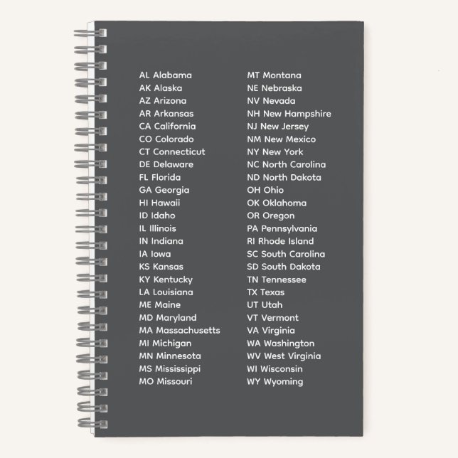 50 States Alphabetical Order – Grey Notebook (Front)