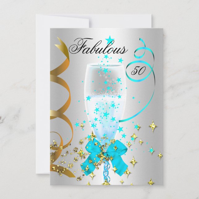 50 Teal Silver Gold Birthday Party Invitation (Front)