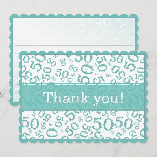 50 "Thank you!" Teal/White Random Number Pattern Thank You Card (Front/Back)