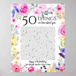 50 things we love about you watercolor flowers mom poster