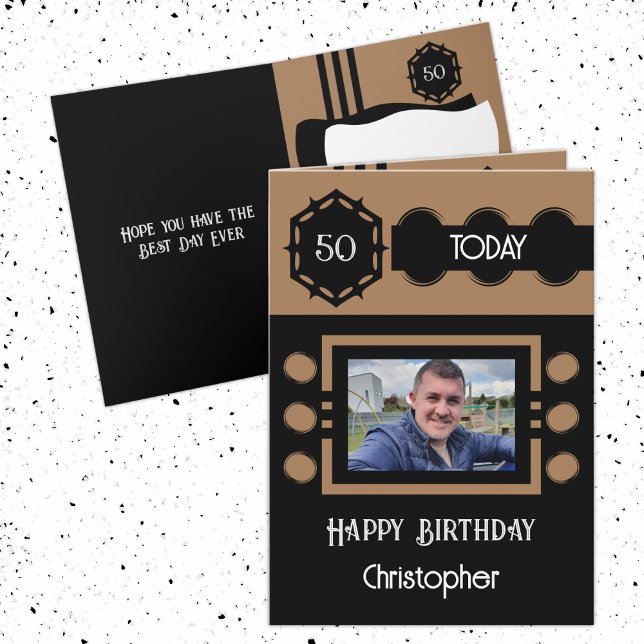 50 today add photo name black brown birthday card (Creator Uploaded)